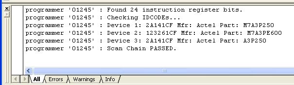 Figure 70 Select Programmer Window Scan Chain shows how the devices are ordered in the chain in the log window (see figure below).