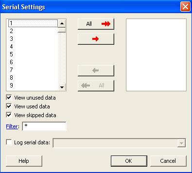 Figure 114 Serial Settings Dialog Box Click the red arrow buttons in the center of the dialog box to move from the Actions column to the Selected Actions column.