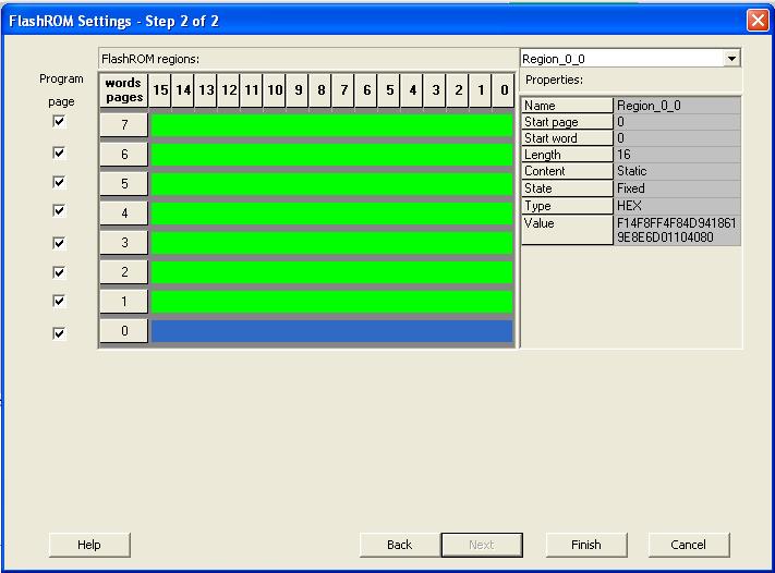 Figure 136 FlashROM Settings Dialog Box 5. Select the FlashROM memory page that you want to program. 6. Enter the data value for the configured regions. 7.
