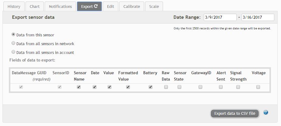 5. Exporting Sensor Data Clicking on the Export tab within the sensor data window allows you to export sensor data to a comma separated value (.