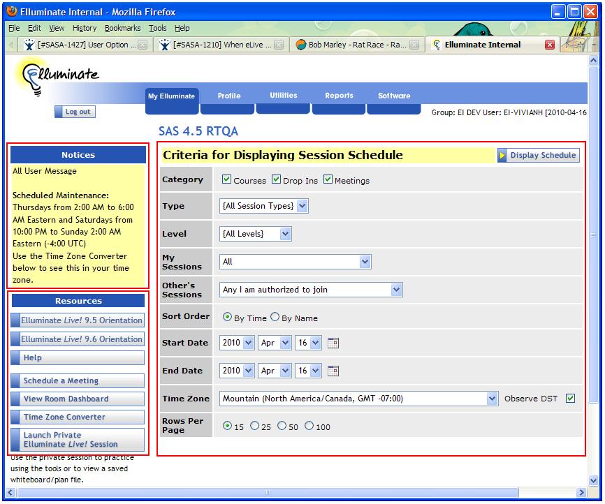 New User s Guide The SAS Interface My Elluminate page M A S The My Elluminate page is the first page you see when you log in to the SAS.