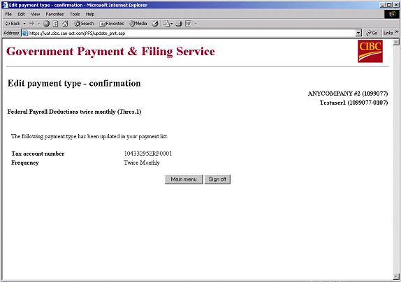 3. The Edit payment type confirmation screen will