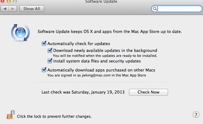 Software Update System Preference Panel Schedule when to check Down load in