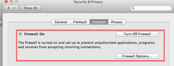 Security, Firewall Default status is Off Click Turn Off