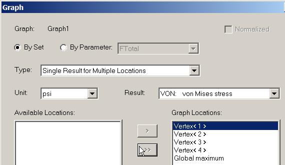 Graph1 appears. 2. Right click Graph1 icon and select Edit Definition. The Graph dialog box appears. 3. In the Graph panel set Type to Single Result for Multiple Locations. 4. Set Units to psi.