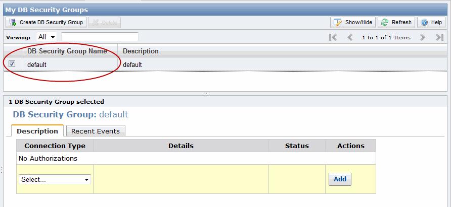 Granting Access to an IP Range 2. In the My DB Security Groups list, select the check box next to the DB Security Group named default. 3.