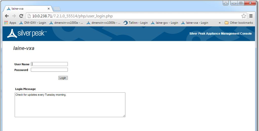 4 Run the Appliance Manager initial configuration wizard a. In a browser, enter the IP address that you just discovered or configured. The Silver Peak Appliance Management Console login page appears.