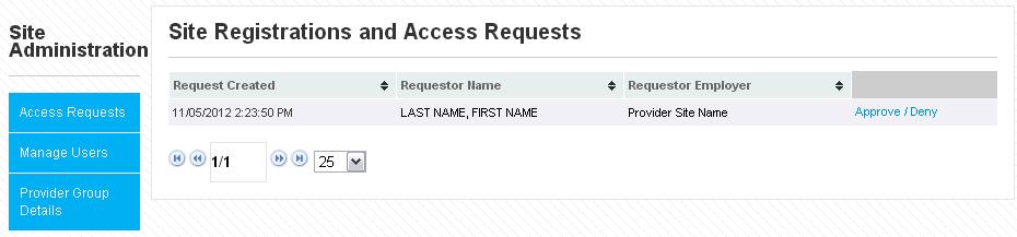 Site Access Requests Manage Site Users Provider Group Details Site Access Requests The Access Requests tab will display all