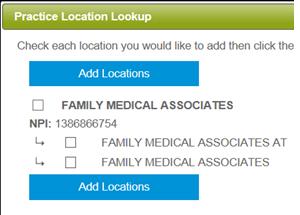 Click Add Practice Location to display a pop-up window which allows you to select other locations in your practice.