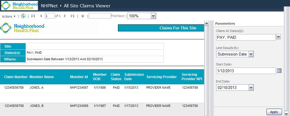 To View Claims for This Site 1. Select the Show All Claims for This Site option 1 2. A report window will pop-up. By default, paid claims for the most recent 30