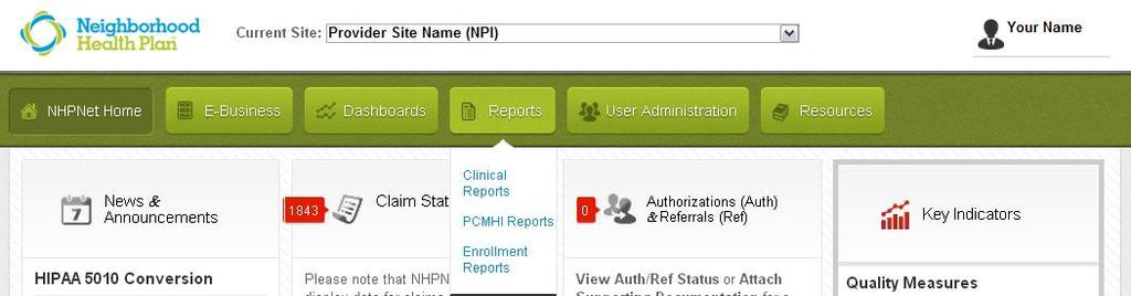 Reports The Reports function is divided down into three sections: Clinical Reports PCMHI Reports (only accessible if site participates in PCMHI) Enrollment