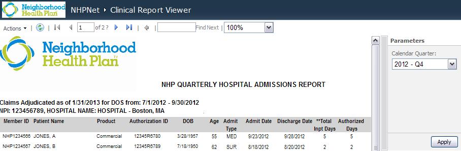 Reports for Hospitals If you are a hospital site, you can view a report listing your inpatient admissions on a