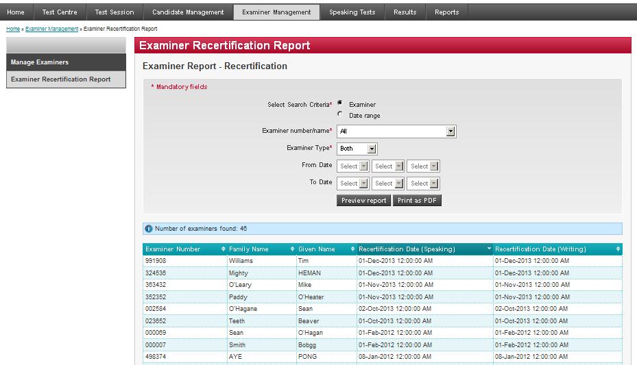VIEWING THE EXAMINER RECERTIFICATION REPORT 1 Click on Recertification Report.