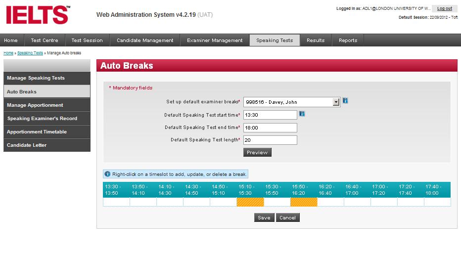 The Add break page is displayed: 2 The Break start time and Break end time is auto populated in the fields.