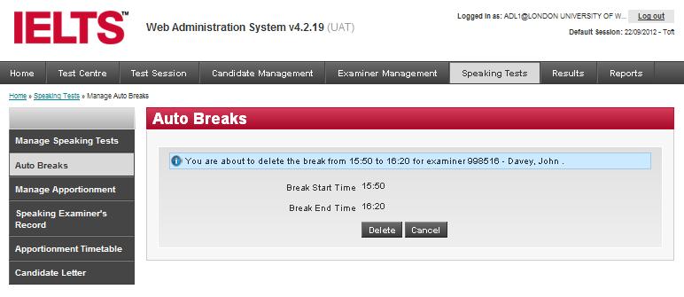 marked in blue and select Delete break. The Update break page is displayed as shown below.