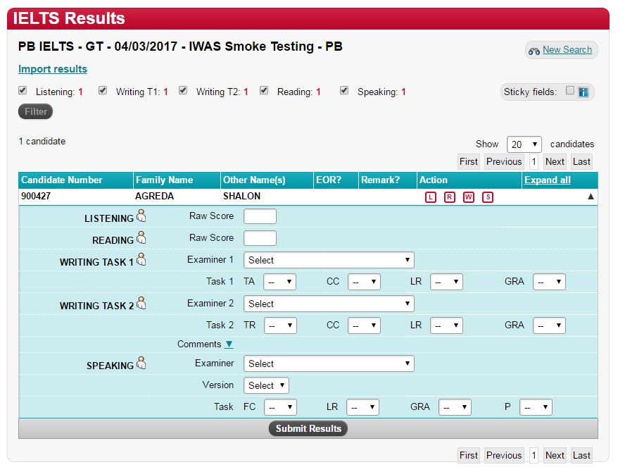 ENTERING RESULTS 1 Click on a candidate s details in the list to expand the row, displaying the score fields and examiner number dropdown lists.