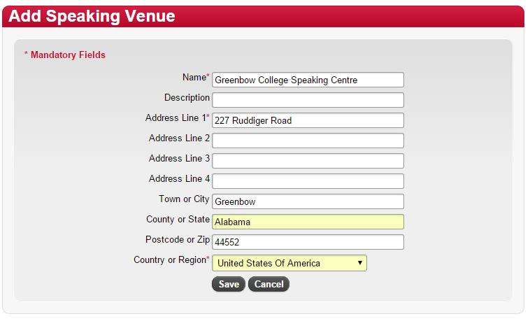 4 Enter the Test venue details. Fields marked with a red asterisk (*) are required.