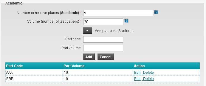 The added part codes are displayed in a table: The total Volume is automatically updated when you enter part volumes. You can Edit or Delete the part volumes using the links in the Action column.