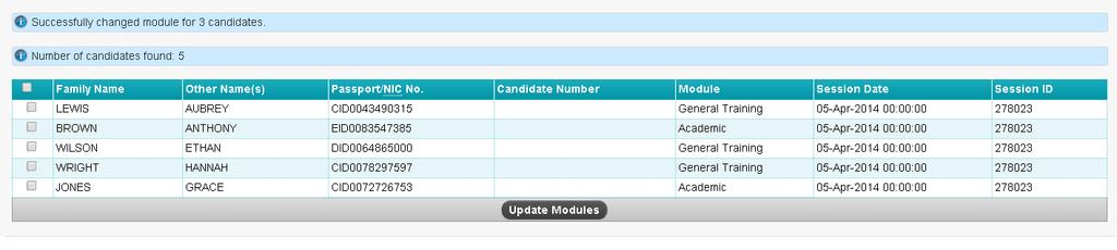 The module column values will change for the candidates