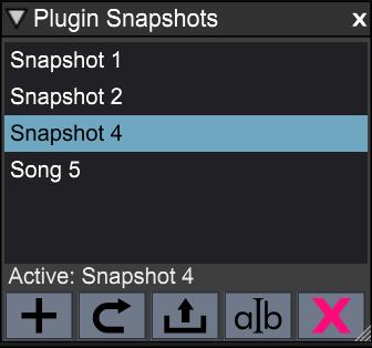 Global snapshots Plugin snapshots are great if you want to store and recall the settings of a single plugin. More often, you want to store multiple, complete setups within the same project.