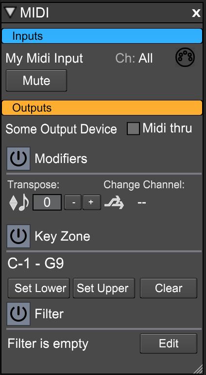 Midi Routing Midi input and output routing is done in the Midi panel. You can select multiple inputs and outputs by holding down the ctrl/cmd key while selecting.