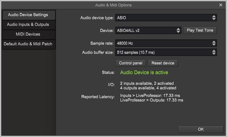 Audio Settings The first time you run LiveProfessor, you must review your audio settings. Open the Audio & Midi Options panel from Options > Audio & Midi Options.