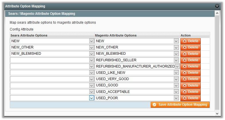 b. In the Sears Attribute Options column, select the option to map it with the corresponding Magento Attribute Options. c. Click the Save Attribute Option Mapping button. 14.