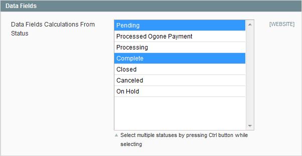 Page 14 'Data Fields' configuration Data fields calculations from status You can select which order status type or types are used when calculating contact data field values such as total spend,