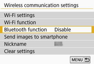Select the [Function settings] tab, then press <0>. Select [Wireless communication settings].