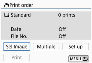 Printing Images Printing by Specifying the Options Print by specifying the printing options. Press <0>. 1 2 Select [Print order].