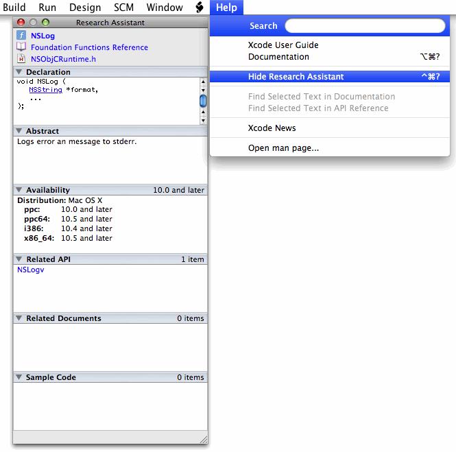 Figure 2: Research Assistant in Xcode Note: You can access the Research Assistant through Help > Show/Hide Research Assistant in Xcode.