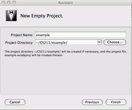 2 of 5 3/28/2010 8:04 AM Xcode now asks for a project name and a directory. Click on Choose... to get a file dialog box. Use it to find and select your EECS 211 projects directory.