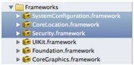 Select the following system frameworks. SystemConfiguration.framework CoreLocation.framework Security.