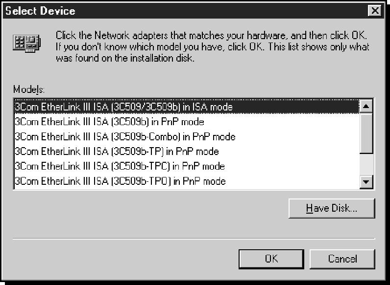 The Select Device screen shown in Figure 2-9 appears, with 3Com EtherLink III ISA (3C509/3C509b) in ISA mode selected.