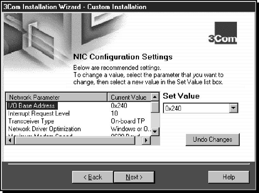 3-2 CHAPTER 3: 3COM INSTALLATION WIZARD Configuring the NIC The NIC Configuration Settings screen appears, as shown in Figure 3-2. The list box displays recommended configuration settings for the NIC.