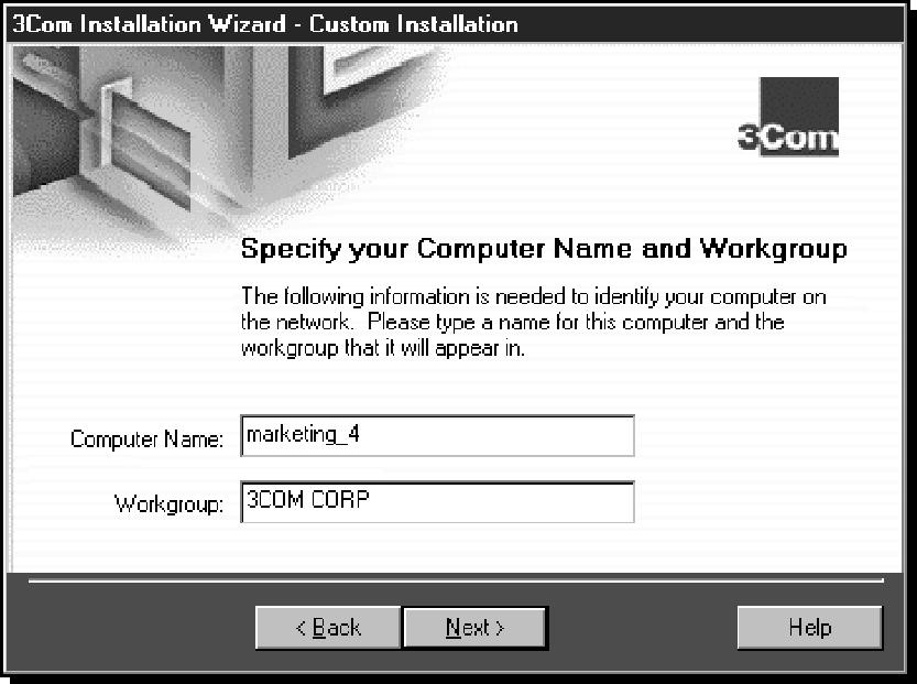 3-10 CHAPTER 3: 3COM INSTALLATION WIZARD Identifying Your PC on the Network When you click Next in the previous section, the Network Identification screen appears, as shown in Figure 3-10.