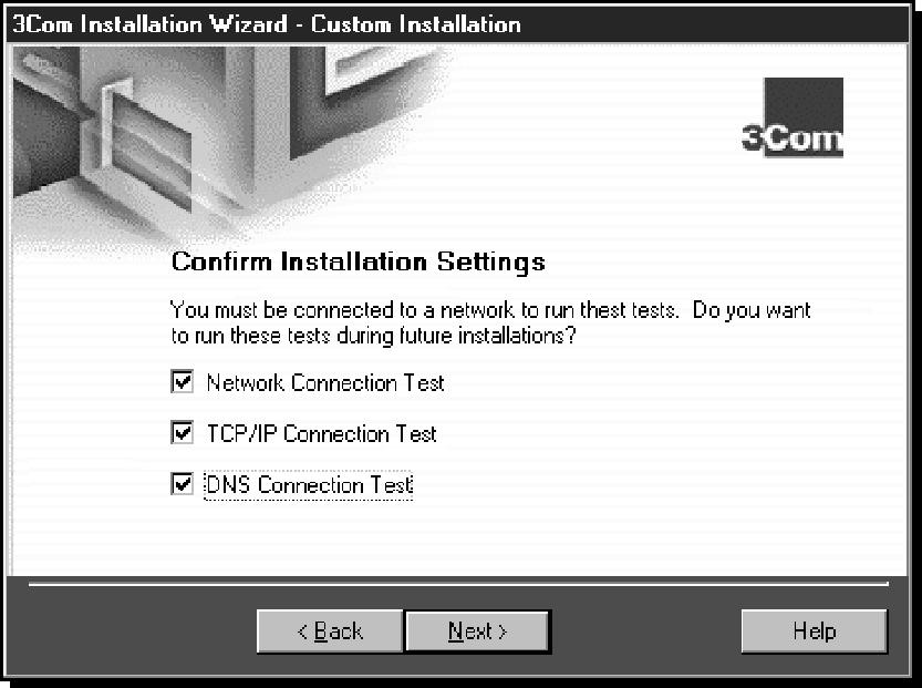 3-14 CHAPTER 3: 3COM INSTALLATION WIZARD To Save Installation Settings Follow these steps to save these configuration settings for future installations: 1 Select the Yes radio button, and then click