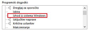 V našem primeru smo izklopili zvoke za: Izhod iz sistema Windows, Odjavo iz sistema Windows in Prijavo v sistem Windows, kot deloma prikazuje sosednja slika.