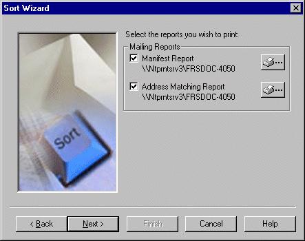 18 CHAPTER 1 10. Click Next. The Sort Wizard mailing reports screen appears. Select the reports to print. Also, configure and designate the printer to print each report.