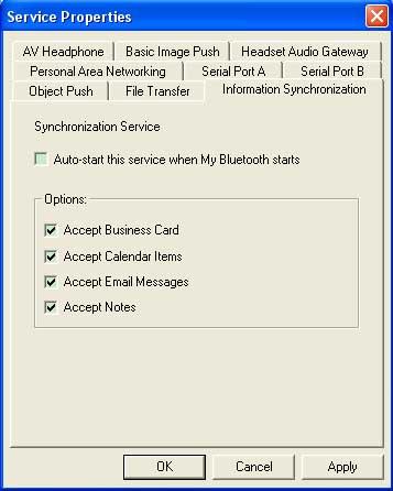 BlueSoleil can act as synchronization server. Click My Services Properties.