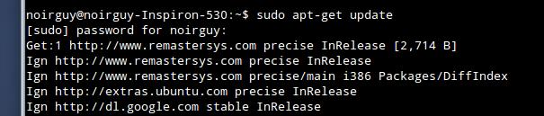 Using aptitude involves opening a terminal and starting by updating sources using sudo apt-get update, as shown in the screenshot : This synchronizes information between