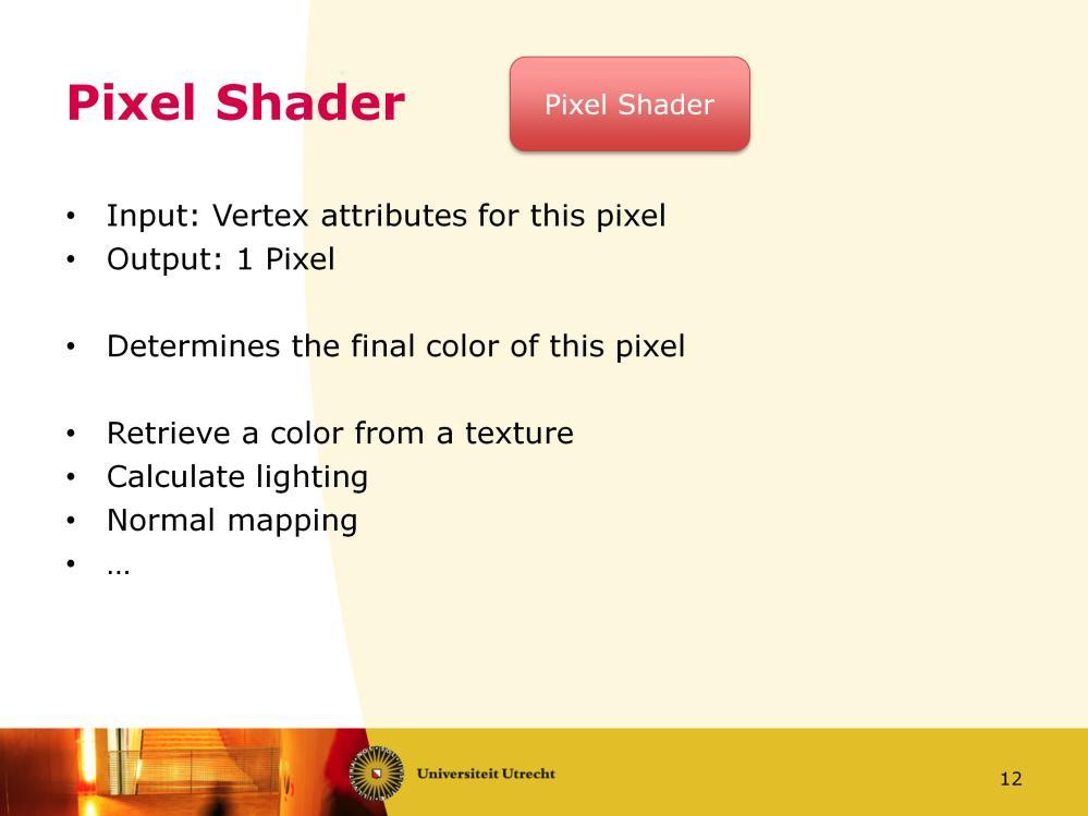 The pixel shader gives the most freedom of the stages. It receives interpolated vertex data from the rasterizer, and only needs to output a color.