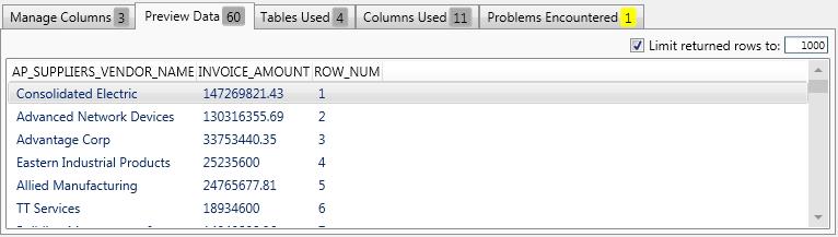 Feature Enhancements Designer Enhancements Preview Data tab: The tab displays a preview of the data returned. This lets you check that running their SQL will have the results expected.