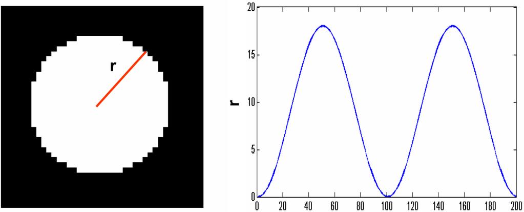 Illustration of Simulation II: A phantom image consisting of a circular region of activation with radius r left), where the radius varies across time according to a sinusoidal function right).