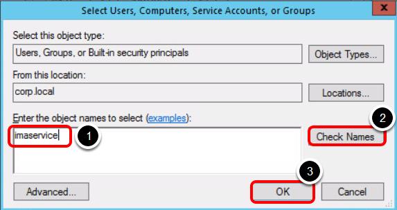 2. Click the Add... button below the embedded Group or user names window. The "Select Users, Computers, Service Accounts, or Groups" dialog box displays. Add the account Imaservice 1.