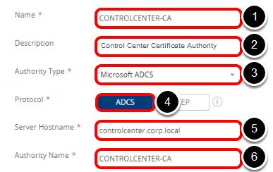 Define the CA Settings in AirWatch 1. Enter "CONTROLCENTER-CA" for the Name. 2. Enter "Control Center Certificate Authority" for the Description. 3.