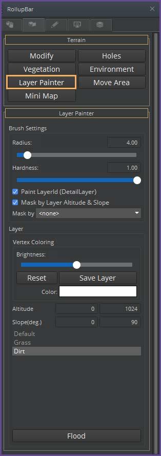 Note: In each of the terrain material layers is a small material preview box. This material preview box displays the assigned layer texture, not the material assigned from the material editor.
