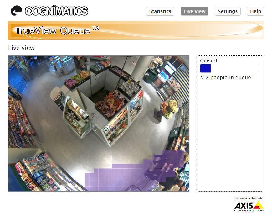 Mounting the camera The camera should be mounted at a high position looking down over the queue area. See example below. This is a convenience store with one queue area marked in purple.