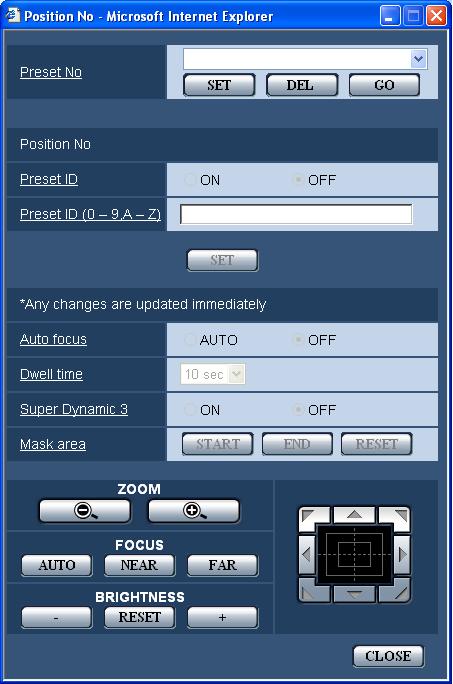 Configure the settings relating to the preset positions ("Preset No." setup menu) Click the [SETUP>>] button of "Preset Position" on the [Image/Position] tab of the "Camera setup" page.