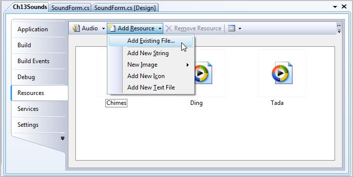 Adding Sound Files To use sounds in a project, best to add the files to the project's resources To refer to the filename in code use